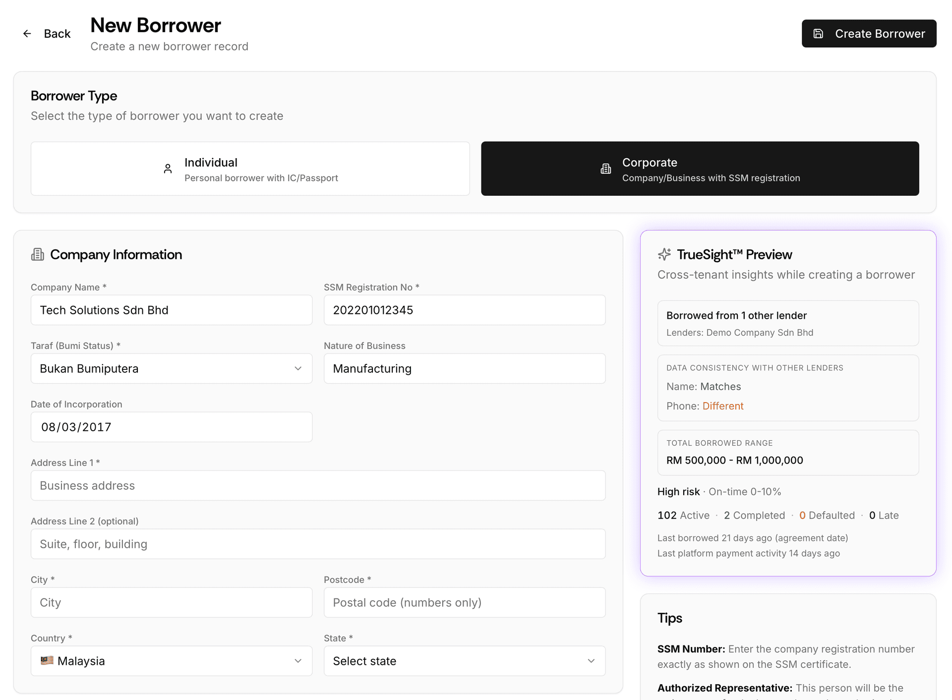 TrueSight™ — Cross-Tenant Borrower Insights showing data consistency, borrowed range, and payment performance